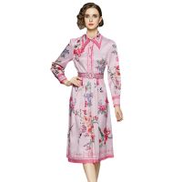 Women Dress Spot Real Shot-Fashion Elegant Long Sleeve Bow Cinched  Printed MIDI Dress