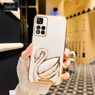 AnDyH Phone case For Xiaomi POCO M4 Pro 5G Case,Creative Fashion Luxury New 3D Swan Retractable Stand Phone Case Premium Simple Solid Color Straight Edge Plating Soft Silicone Shockproof Casing Protective Back Cover