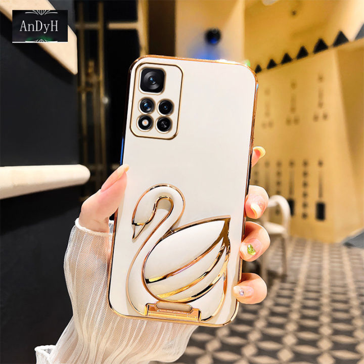 andyh-phone-case-for-xiaomi-poco-m4-pro-5g-case-creative-fashion-luxury-new-3d-swan-retractable-stand-phone-case-premium-simple-solid-color-straight-edge-plating-soft-silicone-shockproof-casing-protec