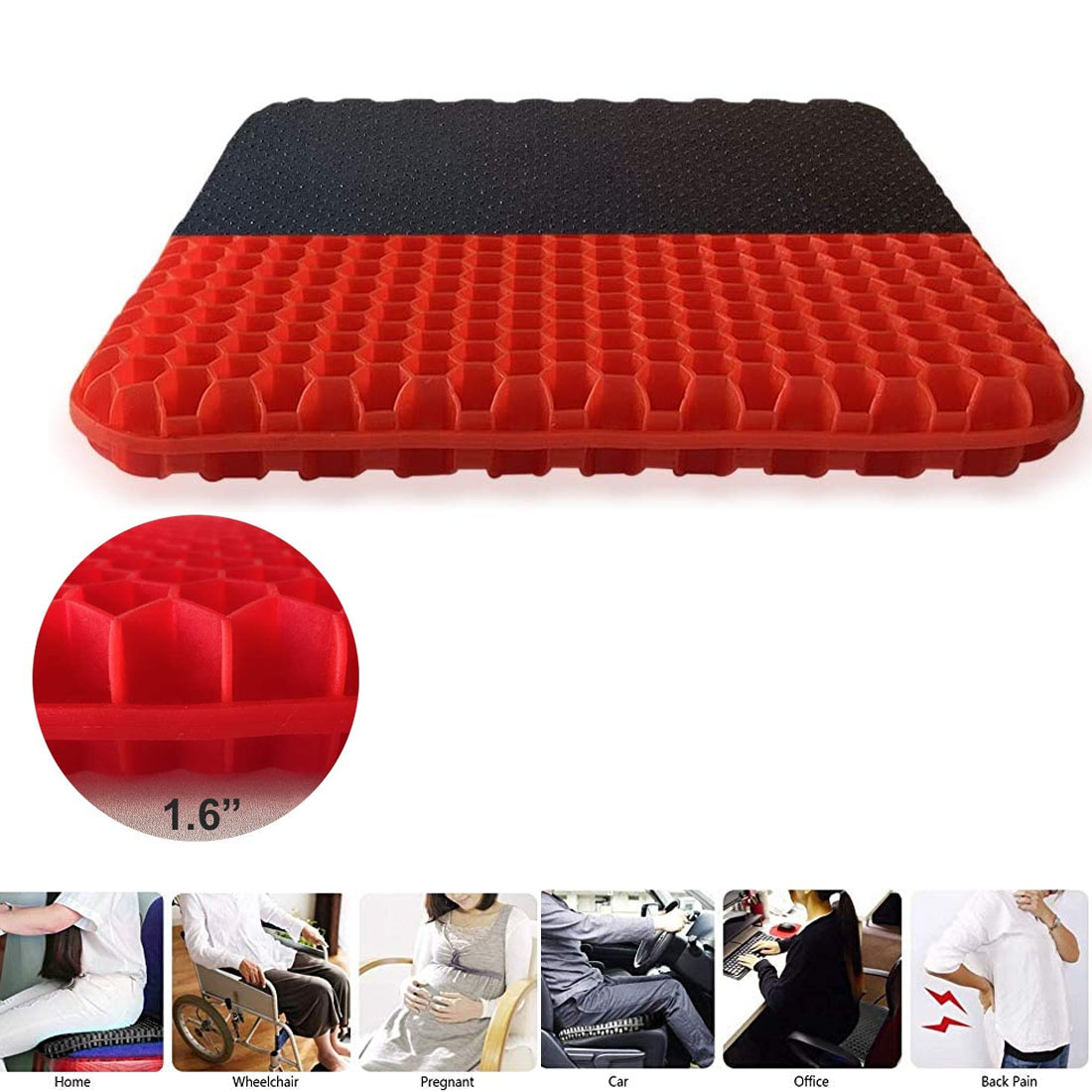 2020 The Latest Large Size Honeycomb Design Cushion Double Thick Seat Cushion with Non-Slip Cover Super Breathable Gel Cushion for Back Painr Home Office Chair Car Wheelchair Black Gel Seat Cushion 