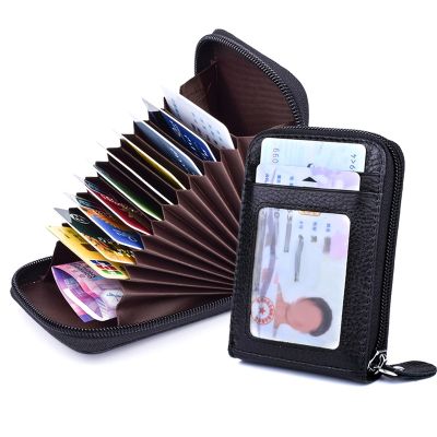 RFID Genuine Leather Card Cover Women Men Accordion Credit Card Holder Case 14 Card Slots Fashion Pillow Wallet Zipper Purse Card Holders