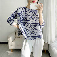 Womens New Style Printed Pleated Top Printed Casual Pleated T-shirt