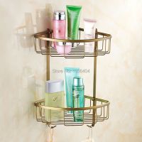 ◙☊ Bathroom Storage Holder Copper High Quality Retro Basket Double Shelf Corner Wall Mounted Kitchen Basket Rack BS3211