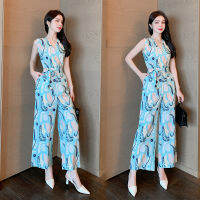 Impression Fashion Women Ele Retro Floral V-neck Sleeveless High Waist Wide-leg Jumpsuit