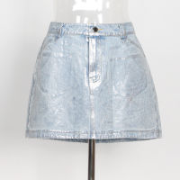 ANSKZTN New Style Hot Silver Casual Contrast Color A Line Short Mini Denim Skirt Women