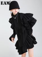 [EAM] Women Black Ruffles Split Joint Mimi Dress New Stand Collar Long Sleeve Loose Fit Fashion Tide Spring Autumn 2023 1Z199