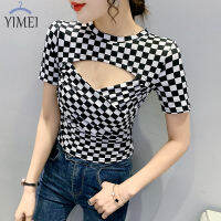 YIMEI เสื้อยืดแขนสั้นเซ็กซี่คัตเอาท์สำหรับผู้หญิง,ใหม่ฤดูร้อน2023เสื้อยืดผู้หญิงลายสก๊อตสไตล์ต่างประเทศแจ็คเก็ตสั้น