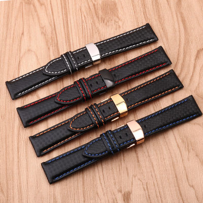 Watch Accessories Carbon Fiber Grain Leather Steel Folding Buckle 18 20 22mm Watch band For Tissot Mido Casio Citizen Strap