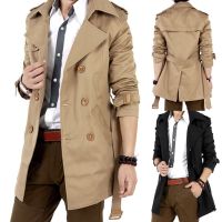 【Ready】Men Trench Double-Breasted Turn-Down Collar Slim Cardigan แจ็คเก็ตฤดูใบไม้ร่วงสำหรับสวมใส่ทุกวัน