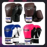 BOON  Boxing gloves with Velcro (8,10,12,14,16 oz) Compact  Brown Blue Pink Training Muay Thai  MMA K1 บุญ นวมซ้อมชก เเบบเมจิกเทป ทำจากหนังแท้ 100%