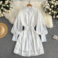 ZZOOI French Elegant White Lace Women Mini Dress Runway Stand Collar Luxury Embroidery Hollow Out Single Breasted Party Dress N3978