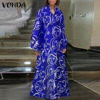 VONDA เสื้อเชิ้ตลำลองผู้หญิง Lapel แขนยาว Graffiti Elegant Long Dress (Plus Size)