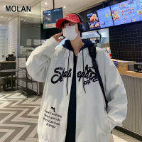 MOLAN แจ็คเก็ตผู้ชายเบสบอลหนังคู่แจ็กเก็ตหนังพิมพ์ลายหลวมย้อนยุค