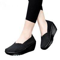 HOT★Miaoguan 2021 New Breathable Casual Women Shoes Loafers Platform Wedges Shoes Handmade Elastic Woven Slip on Nylon High 5cm-8cm