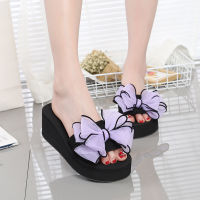 Heeled[5.5cm] Summer slippers womens bow slippers high heeled heel thick sole beach comfortable casual fashion trend