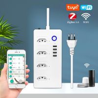 Wifi/Zigbee Tuya Strip Daya Pintar 4ปลั๊กไฟ4 USB Brasil Colokan 1.5M Kabel Ekstensi Pelindung Lonjakan Untuk Alexa Google Home