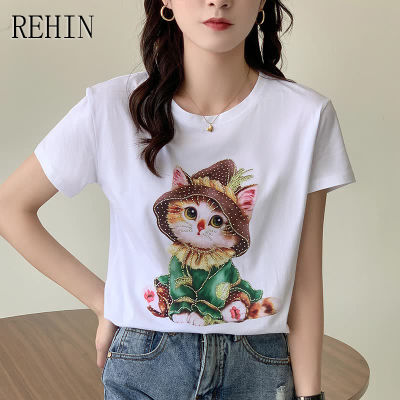 REHIN เสื้อยืดคอกลมผู้หญิง,เสื้อยืดแขนลำลองขาสั้นทรงหลวมเพชรใส่ได้หลายโอกาสแฟชั่นสไตล์เกาหลีแบบใหม่ฤดูร้อน