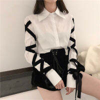 [EWQ] Fashion Casual Office Lady Female Blous Long Sleeve Shirt Women Stitching Black Ribbons  Autumn Top Blouse 16W057