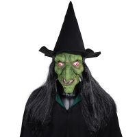 Halloween Mask Cosplay Wicked Witch With Long Hair Hat Green Face Big Nose Horror Helmet Costume Party Masquerade Carnival Props