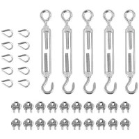 304 Stainless Steel Turnbuckle M6 Wire Rope Tension Tensioner Strainer and M3 Wire Rope Clips, 1/8 Inch Cable Railing Kit for Wood Post