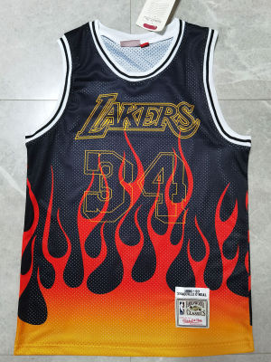 Ready Stock Most Popular Hot Sale Mens Los Angeles Lakerss 34 Shaquille Oneal Flames Swingman Jersey - Black