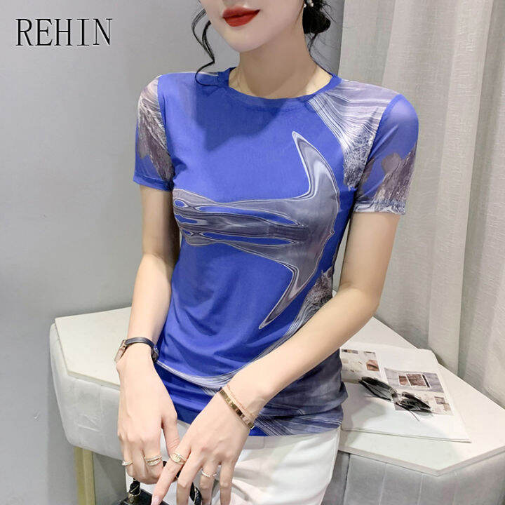 rehin-ผู้หญิงฤดูร้อนแฟชั่นตาข่ายพิมพ์ดอกไม้แขนสั้นเสื้อยืด-v-คอ-slim-และบาง-elegant-s-3xl-เสื้อ