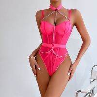 JIU YUBodysuit sem costas para mulheres  lingerie sexy para senhoras  macacão monocromático  chocker de metal corporal  corpo com correntes de pescoço