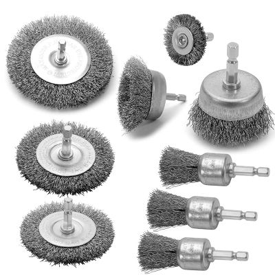 9PC Coarse Crimped Wire Wheel Cup Pen Brush Set for Drill,Carbon Steel Wire Brush with Hex for Removing Paint