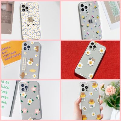 【 Korean Phone Case For Compatible for iPhone, Samsung 】Flower Pattern Slim Clear Jelly Protective Cute Hand Made MOMO Unique Galaxy 22 22Ultra 22+ 8 xs xr 11pro 11 12 12pro 13 13Pro mini Korea Made