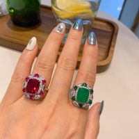 100 925 Sterling Silver 10 x 14 MM Emerald Cut High Quality Simulation Red Green Gemstone Female Ring Luxury Jewelry