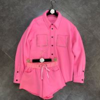 DEAT 2021 Autumn Winter Thick Single Breasted Buttons Rivet Velvet Coat Elastic Shorts Pink Two Piece Set Women Outfits MK750