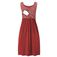 Sleeveless Solid Color Maternity Nursing Dress Womens Summer Striped Print Stitching Breast-feeding Tank Dresses