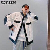 TIDE BEAR เสื้อปักลายหลวมของผู้ชายบล็อกสีฟ้าและสีขาวเสื้อแจ็คเก็ตสินค้าใหม่