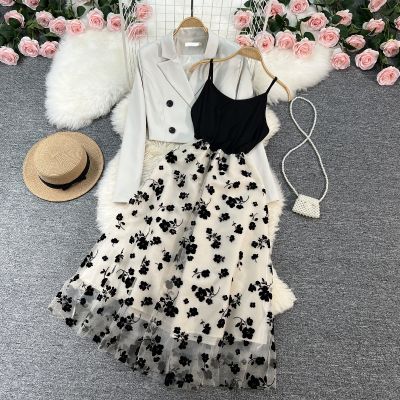 French female temperament brief paragraph double-breasted suit coat high-end flocking net yarn condole belt dress brim two-piece outfit