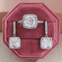 2pcs Pack silver color bride Jewelry set halo Engagement ring round stud earring for Wedding size 11 12 13 gift J4940