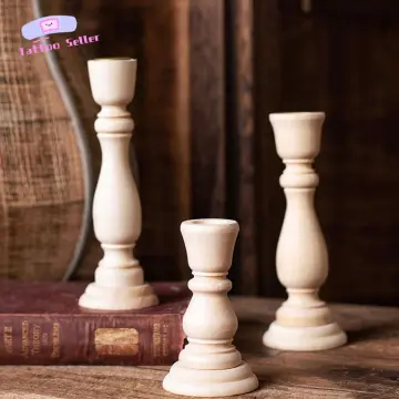 Wood Candlestick Holders, Set of 2 Retro Unpainted Wood Classic Craft Candles Stick Holder Set Wedding Decorations, Size: One size, Beige