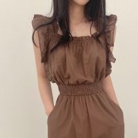 COD SDFERTGRTYTYUYU Timo Ready Stock x New Suspender Jumpsuit Summer French Style Retro Square Collar Ruffled Flying Sleeves Elastic and Waisted High Waist Wide Leg Jumpsuit Womens Pants