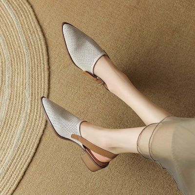 ☌► Summer new style pointed toe retro sandals genuine leather artistic comfortable hollow super soft hollow back toe cap medium heel versatile womens shoes