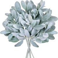 40Pcs Artificial Flocked Lambs Ear Leaves Stems Faux Lambs Ear Branches Picks Greenery Sprays for Vase Bouquet Wreath