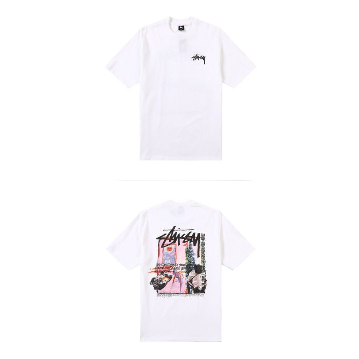 เสื้อยืดผ้าฝ้ายพิมพ์ลาย-เสื้อยืดแขนสั้น-ผ้าฝ้าย-พิมพ์ลายดอกไม้-stussy-line-q414