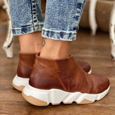 Plus Size Women Leather Boots Round Toe Side Zipper White Bottom Ladies Platform Shoes Daily Walking Female Ankle Booties