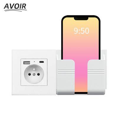 Avoir Type C USB Ports Charging Outlet 5V 2.1A Wall Power Socket White French Standard Plug 16A 220V Plastic Panel Phone Holder