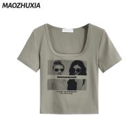 MAOZHUXIA แผ่นรองไหล่แขนสั้นแบบอเมริกันสำหรับผู้หญิงเสื้อยืดพิมพ์ลาย2023