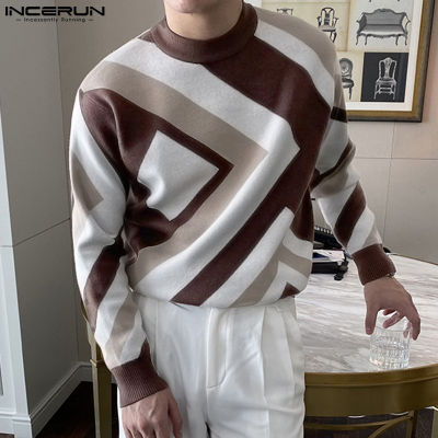 เสื้อยืดเสื้อยืดคอกลมเสื้อพิมพ์ลายเรขาคณิตเสื้อสวมศีรษะสำหรับแขนยาวสำหรับผู้ชาย INCERUN (สไตล์เกาหลี)