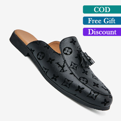 TOP☆LINJUY 2022 New Leather Tassel Loafers Breathable Comfortable Men Korean Mules Moccasins Driving Shoes Men Casual Shoes Mens Half Slippers Plus Size 38-45