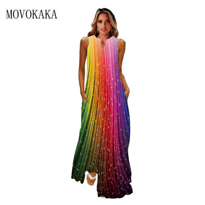 MOVOKAKA 3D Print Maxi Dress Summer Holiday Beach Casual Elegant Vintage Dresses Woman Party V Neck Sleeveless Long Dress Women