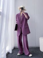 Purple Women Blazers Set 2022 New Womens Office Suit Coat Vintage Long Sleeve Jacket Casual Female Tops and High Waist Pants