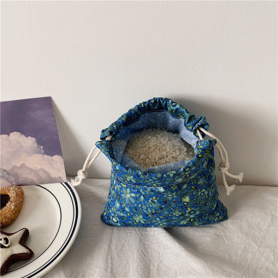 Cosmetic Bags Candy Bag Japanese Style Linen Bag Drawstring Bag Flower Pattern Storage Bag