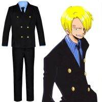 ชุดสีดำผู้ชายเครื่องแต่งกายอะนิเมะคอสเพลย์โจรสลัด Sanji ชุดเชฟเสื้อสีฟ้าสีเหลืองชุดฮัลโลวีนทีม