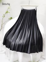 Womens Elegant Pleated Faux Leather School Skirt Korean Fashion Elastic High Waist Black PU Midi Long Skirts 2022 Winter K205